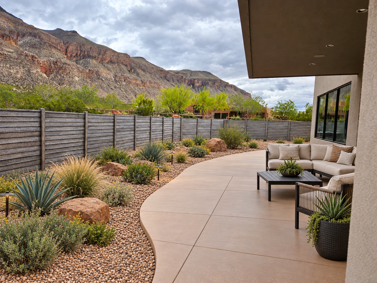 Modern desert patio enclosed by a weathered-finish concrete privacy fence