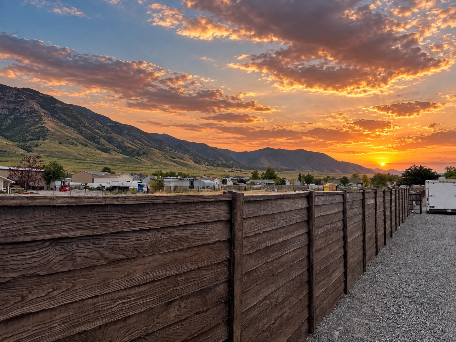 Wood-grain concrete privacy fence at sunset with mountain views