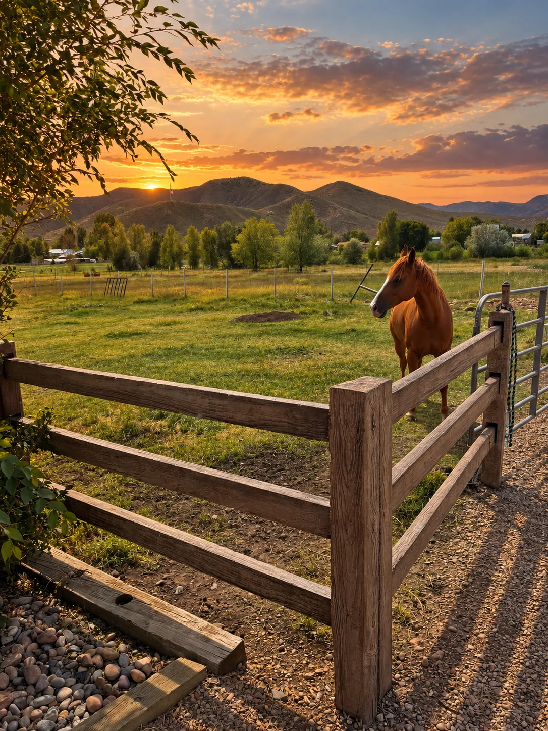 Concrete rail fence framing a pasture at sunset