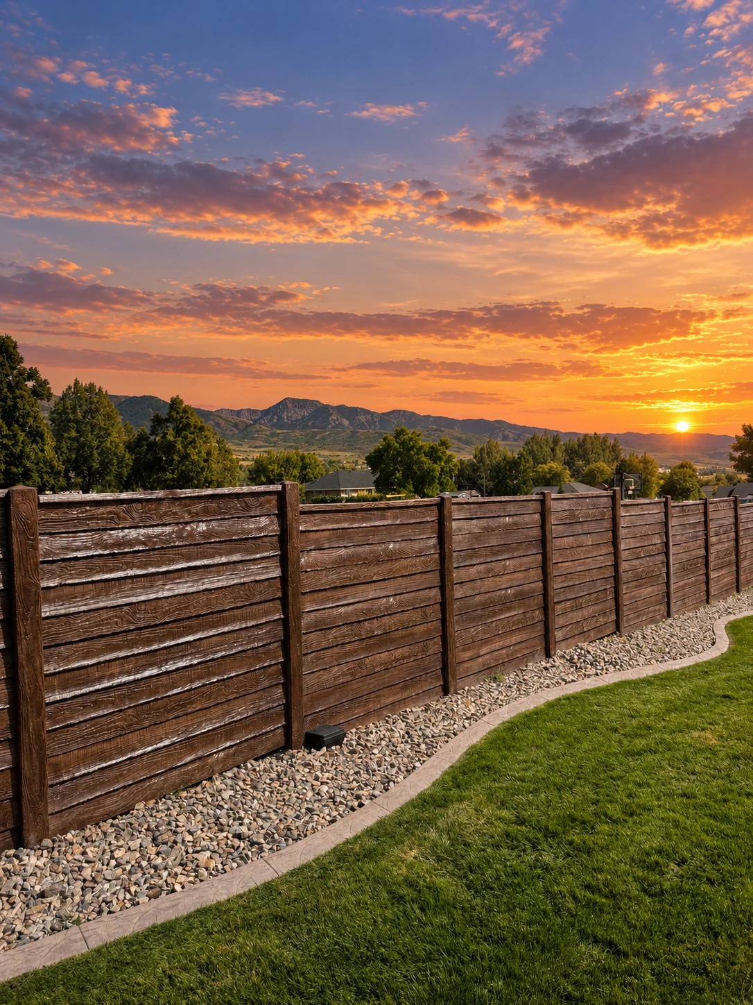 Concrete privacy fence with a rock border and lawn