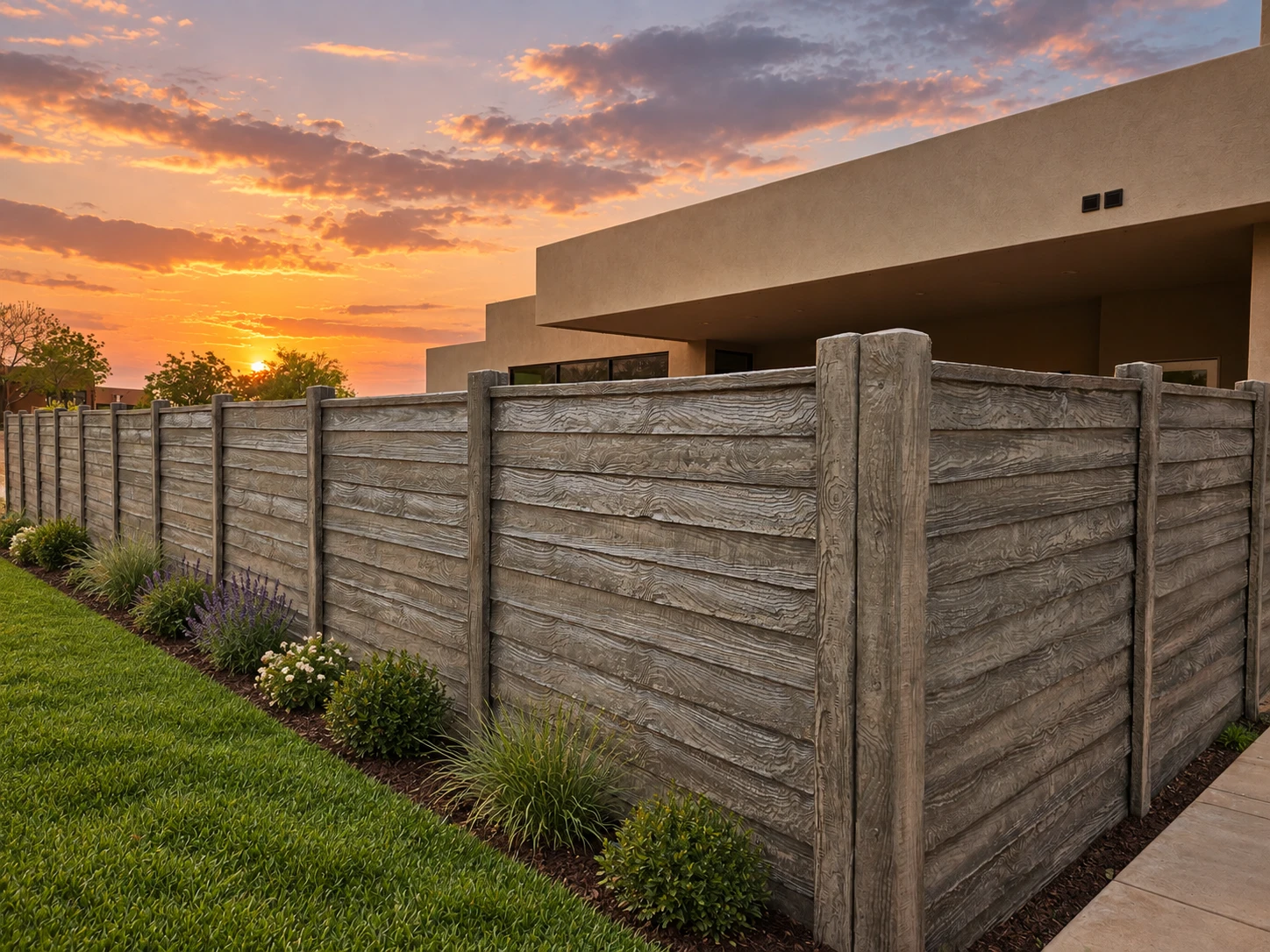 Weathered-finish concrete fence beside a modern home